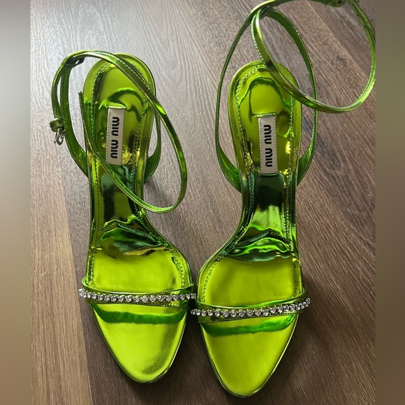 Miu Miu Calzature Donna Crystal-Trimmed Metallic Leather Sandals Heels - Picture 8 of 12